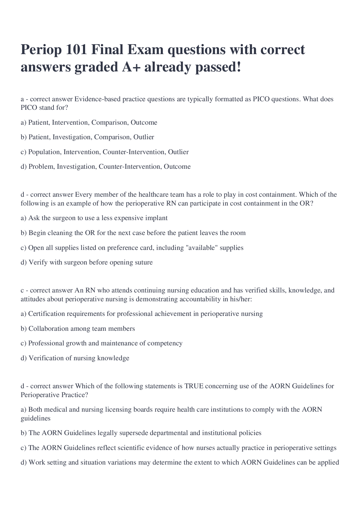 Preview image for Periop 101 Final Exam questions with correct answers graded A+ already passed!